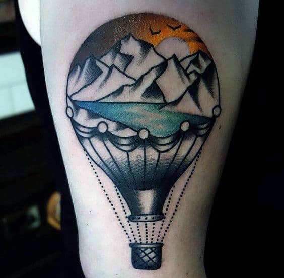 Mountains Hot Air Balloon Mens Arm Tattoo