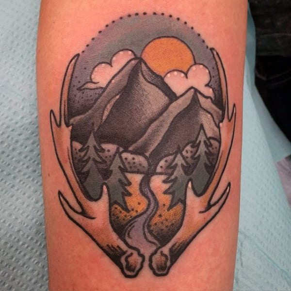 Mountains With Antler Mens Old School Arm Tattoo