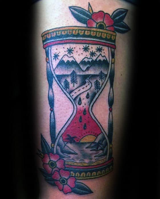 Mountains With Beach Landscape Inside Traditional Hourglass Mens Arm Tattoo