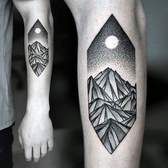 Mountains With Moon Pointillism Mens Forearm Tattoo