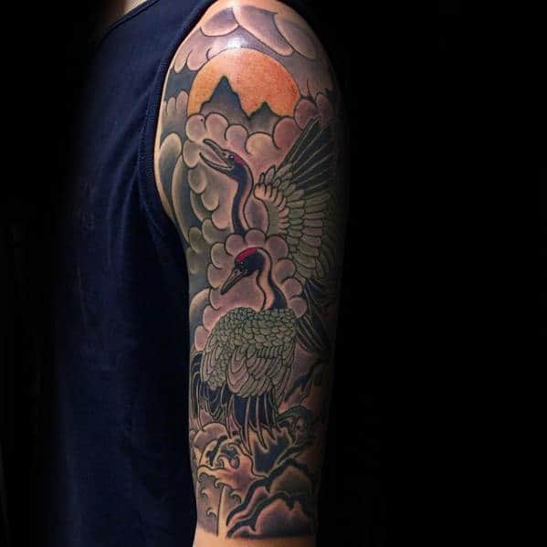 Mountains With Sun And Crane Half Sleeve Mens Japanese Tattoos