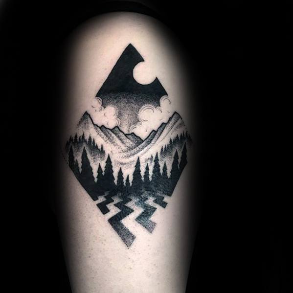 Mountains With Tree Forest Small Geometric Arm Guys Tattoos