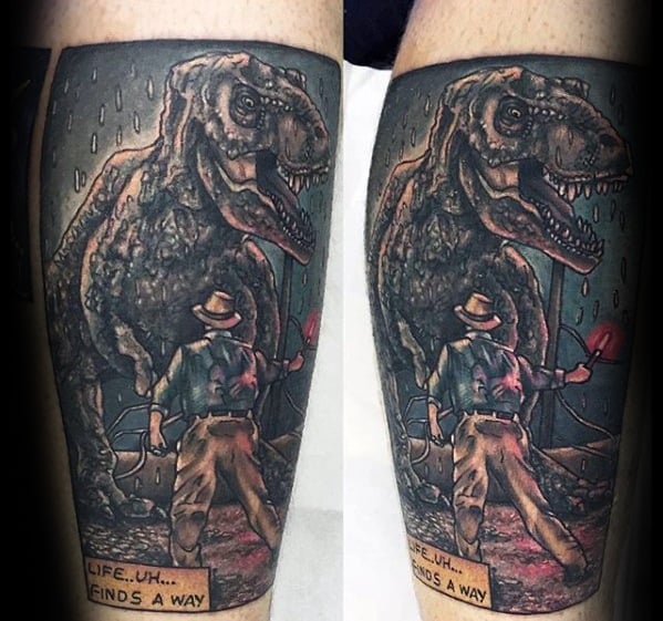 Movie Scene Leg Mens Tattoo Ideas With Jurassic Park Design