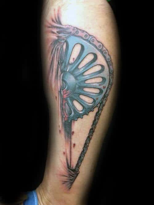 Moving Sprocket Leg Tattoo On Man