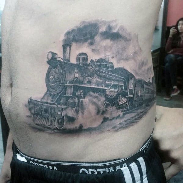Moving Train Tattoos For Guys On Rib Cage Side