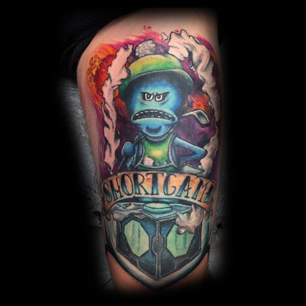 Tattoo of an angry Mr. Meeseeks from Rick and Morty wearing a golf outfit, emerging from a portal above a Meeseeks Box with a banner reading 'Short Game.'