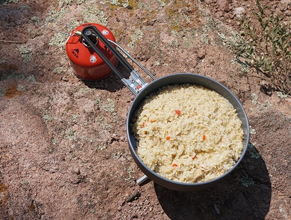 Msr Windburner Skillet With Cooked Chicken And Rice