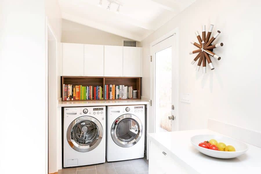 small white laundry washer and dryer bookshelf 