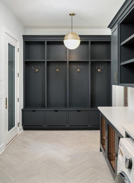 gray cabinet mudroom with vinyl flooring