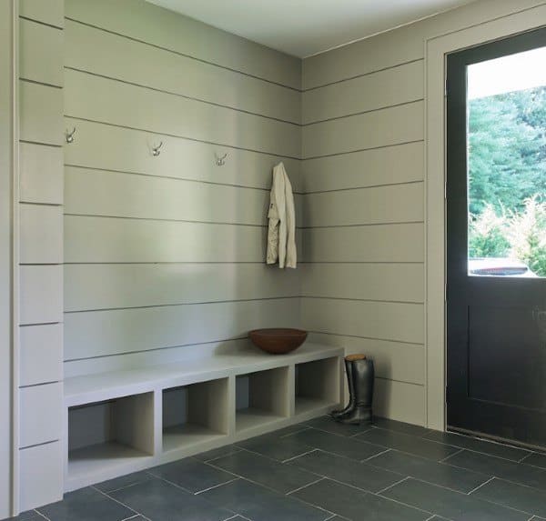 shiplap walls modern mudroom