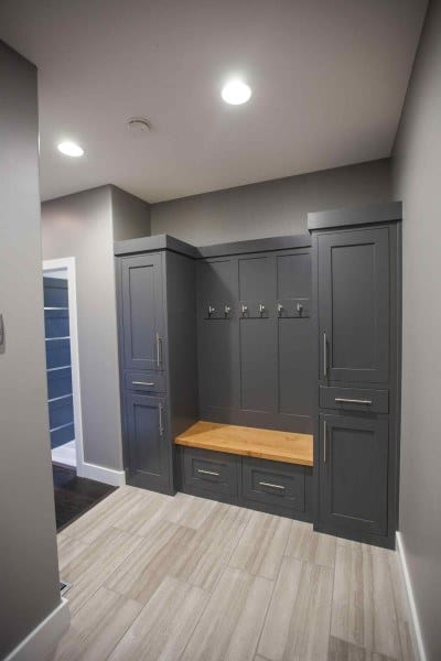 gray cabinets in mudroom