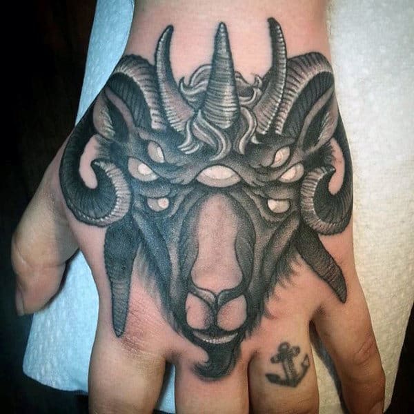 Mulitple Eyed Goat Mens Hand Tattoos