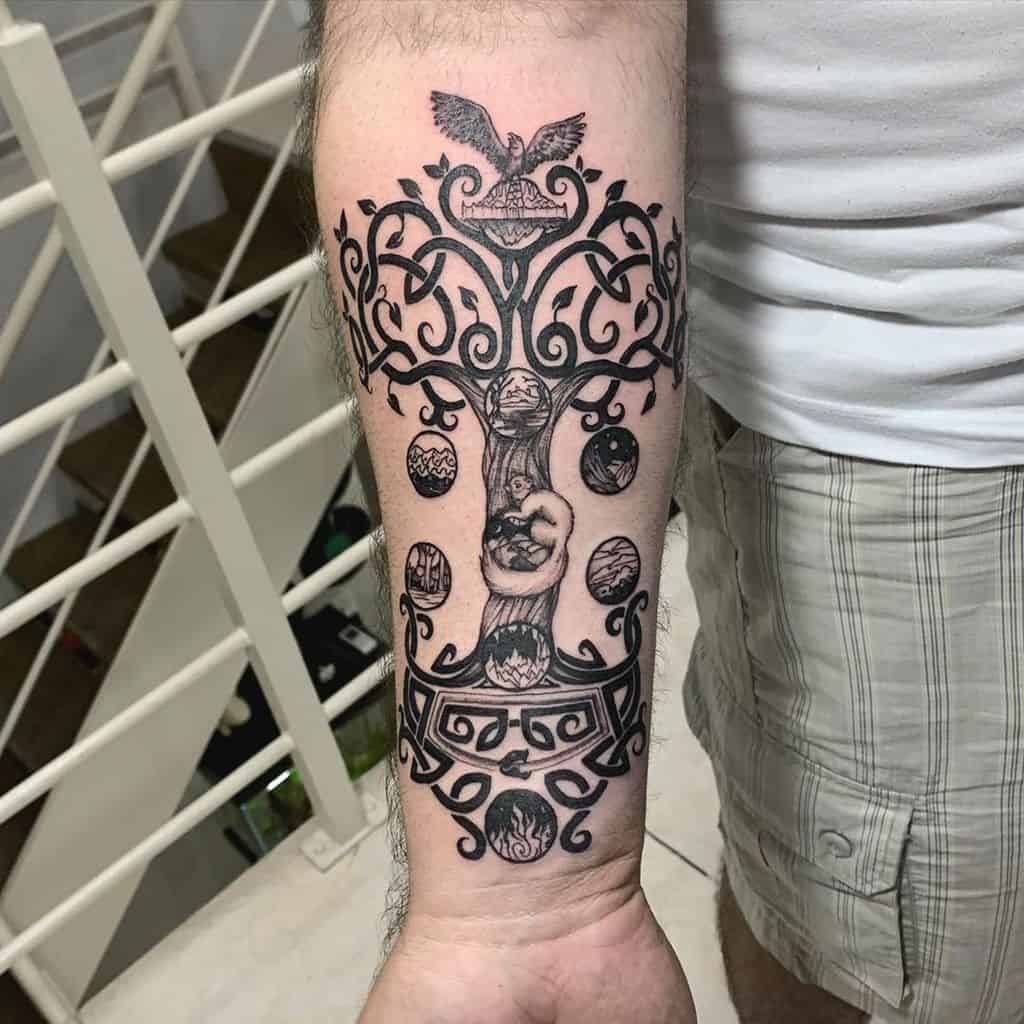 Intricate tattoo of Yggdrasil, the Tree of Life, on an arm with Norse symbols and designs