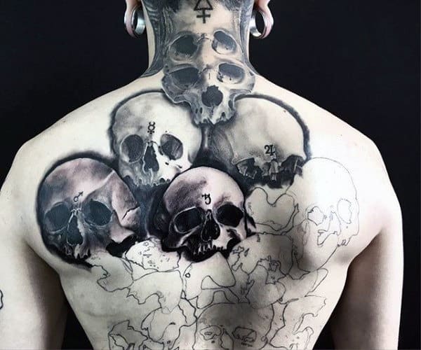 Multiple Skulls Mens Creative Full Back Tattoo Ideas