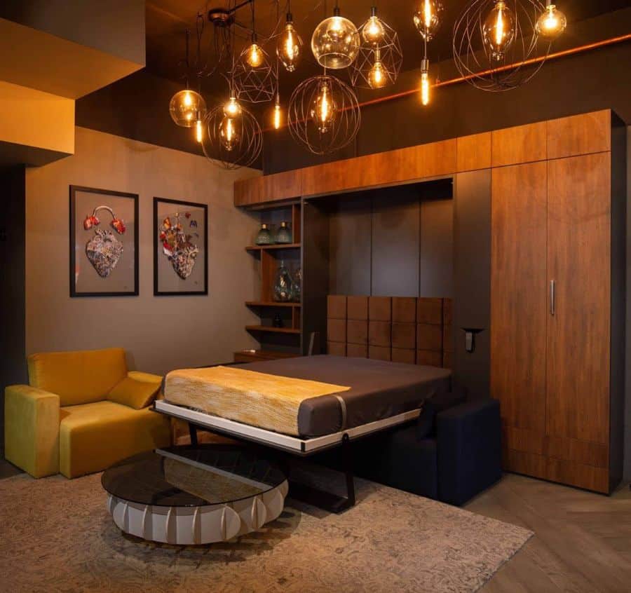 living room with pull out bed from wall