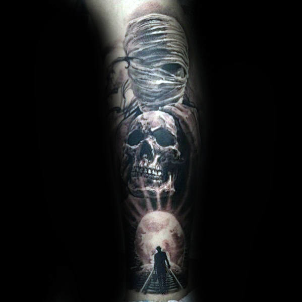 Mummy Holding Skull Guys Manly Sleeve Tattoo Design Ideas