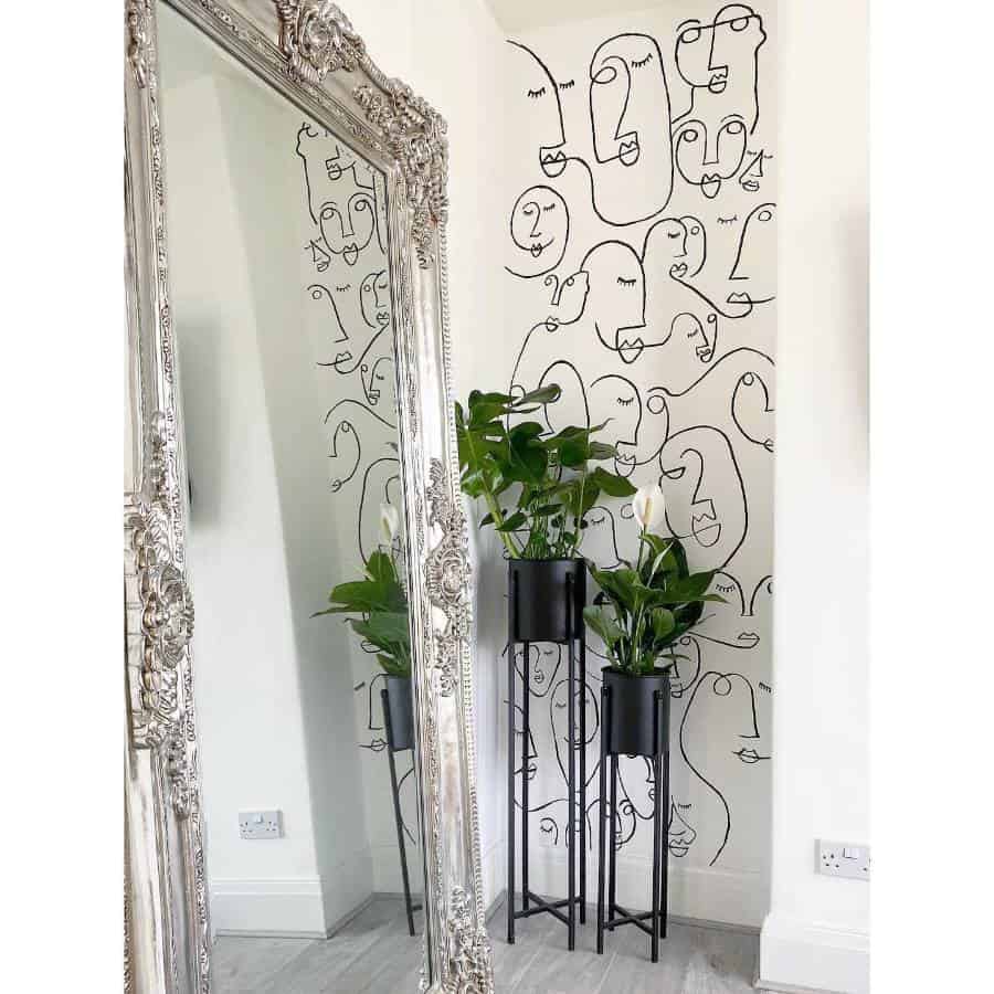 A large ornate mirror reflects plants in black pots on the accent wall; abstract face art decorates it