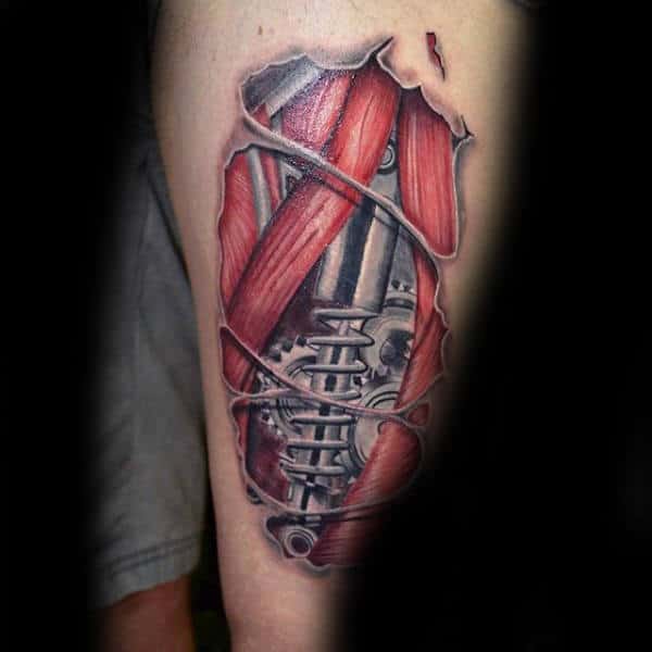 Muscle With Gears And Shock Mens Thigh Tattoo Ideas