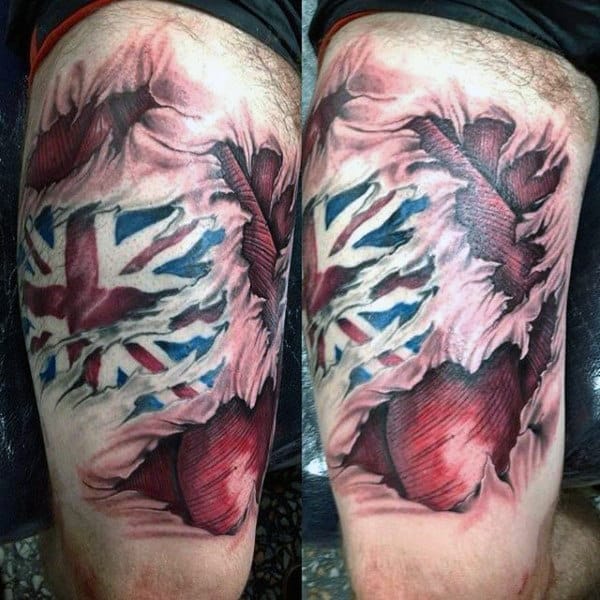 Muscle With United Kingdom Flag Tattoo On Mans Leg Calves