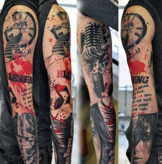 Music Note Guys Trash Polka Full Sleeve Tattoo Design