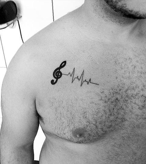 Music Note With Heartbeat Mens Simple Upper Chest Tattoos