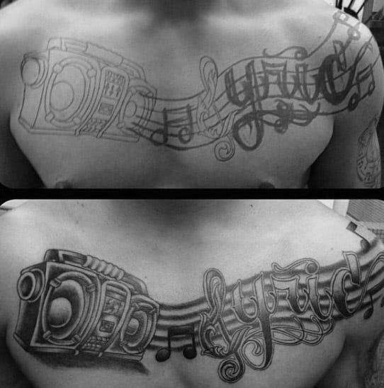 Music Notes With Boombox Guys Lyric Word Upper Chest Tattoos