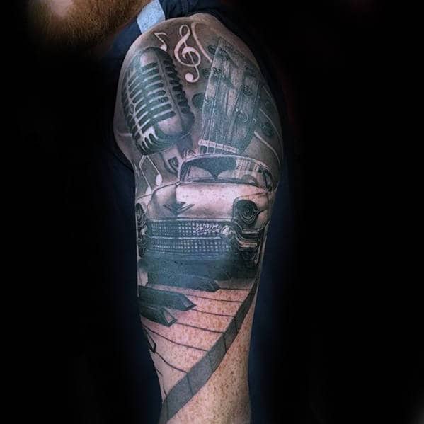 Music Themed Half Sleeve With Cadillac Car Mens Tattoos