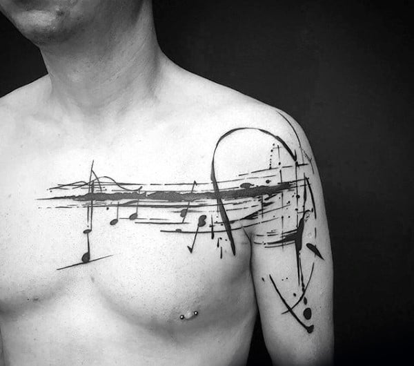 Musical Notes Artistic Absttact Male Watercolor Tattoos On Chest And Arm