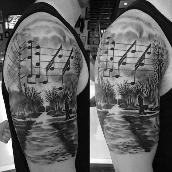 Musical Notes In A Meadow Tattoo For Men On Arms