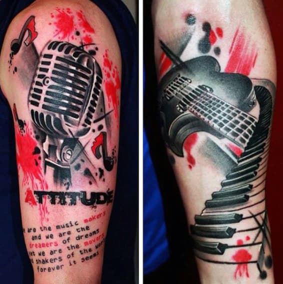 Musical Themed Trash Polka Arm Tattoos For Males