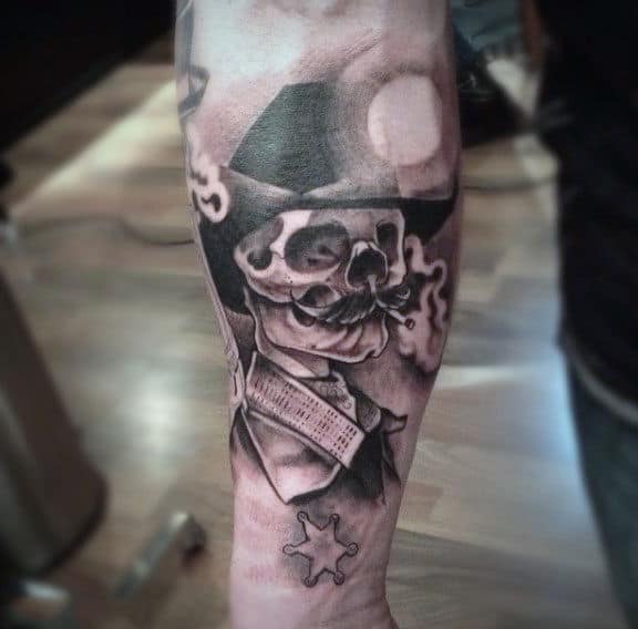 Mustache Skull Sheriff Black And White Tattoo For Man