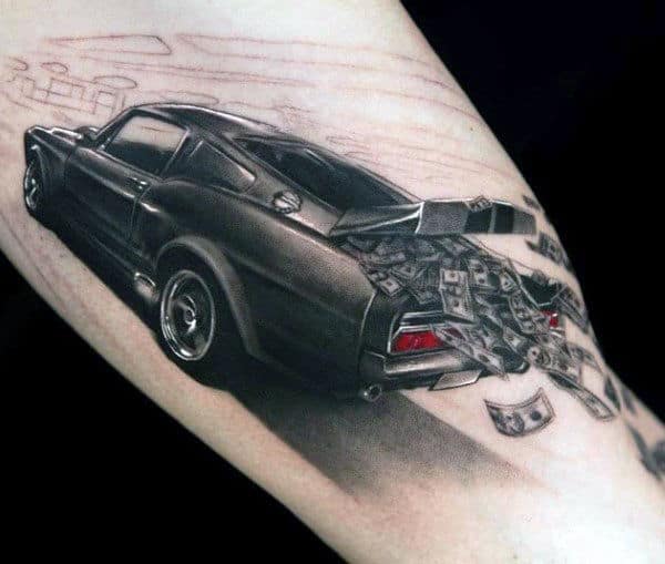 Mustang With Money Flying From Trunk Guys Arm Tattoo