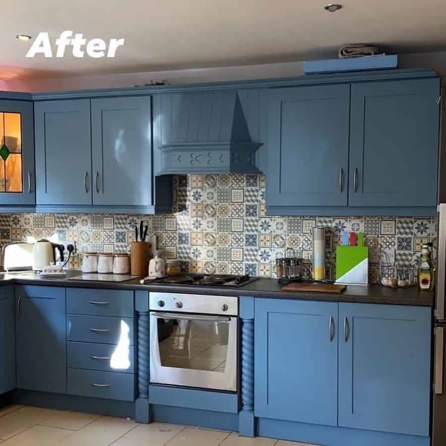 blue cabinet kitchen pattern tile backsplash