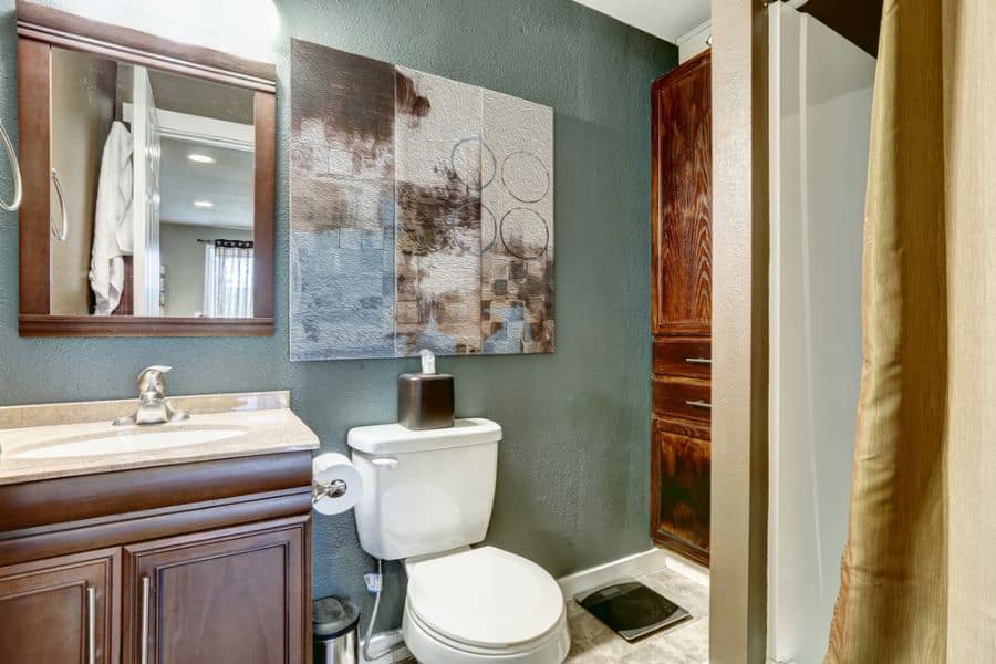 muted green painted bathroom with wood vanity and mirror 