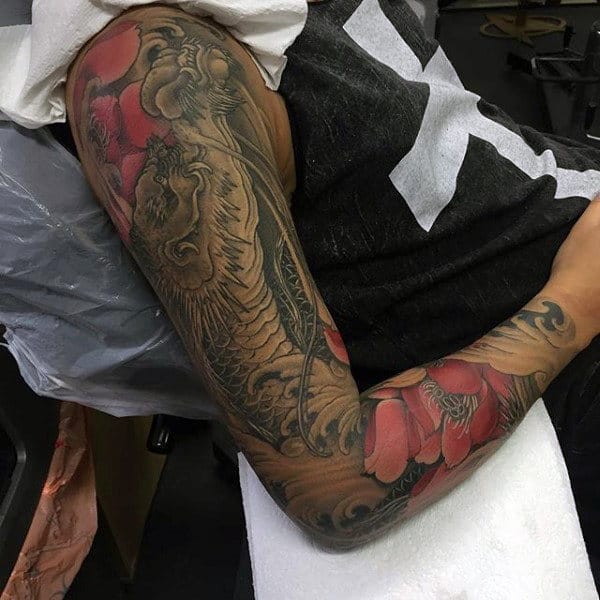 Muted Red Floral And Grey Dragon Tattoo Mens Sleeves