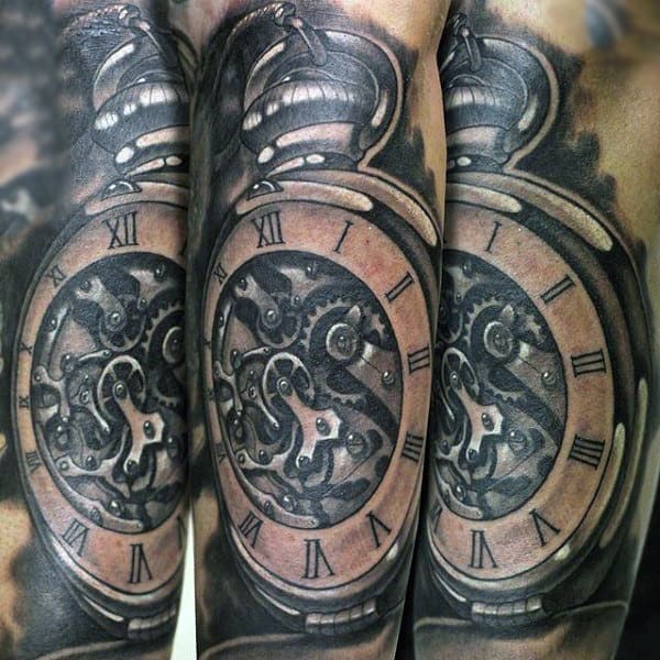 Mutiple Geared Pocket Watch Tattoo On Forearms Male