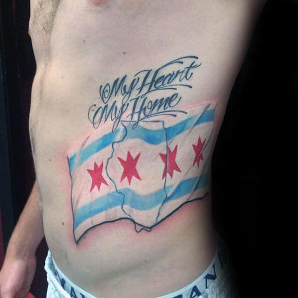 My Heart My Home Mens Chicago Flag State Outline Rib Cage Side Tattoos