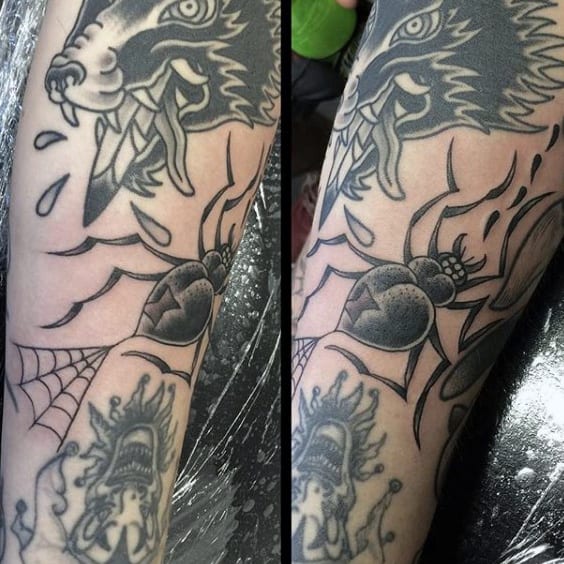 Mythical Character And Spider Tattoo On Forearm