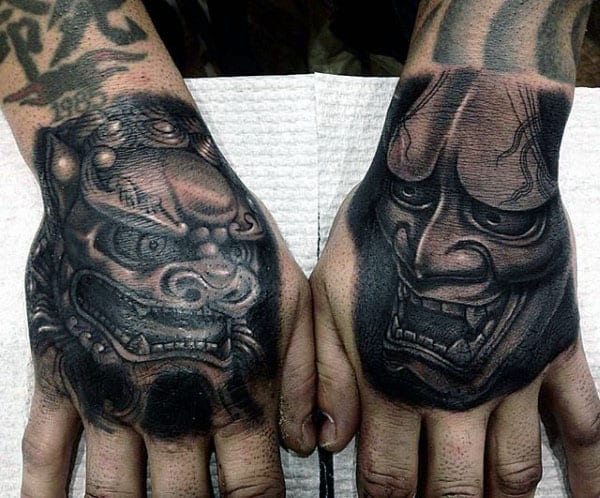 Mythical Lion Guys Foo Dog Hand Tattoo