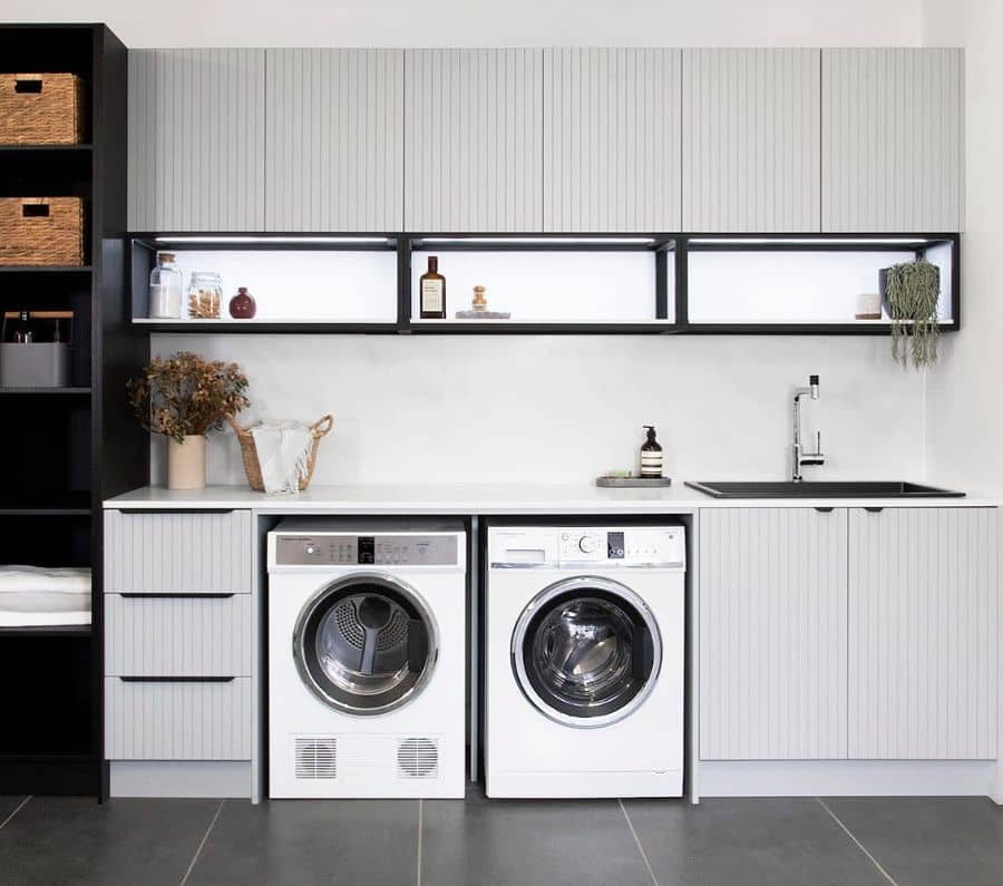 large narrow laundry room washer and dryer wall shelf