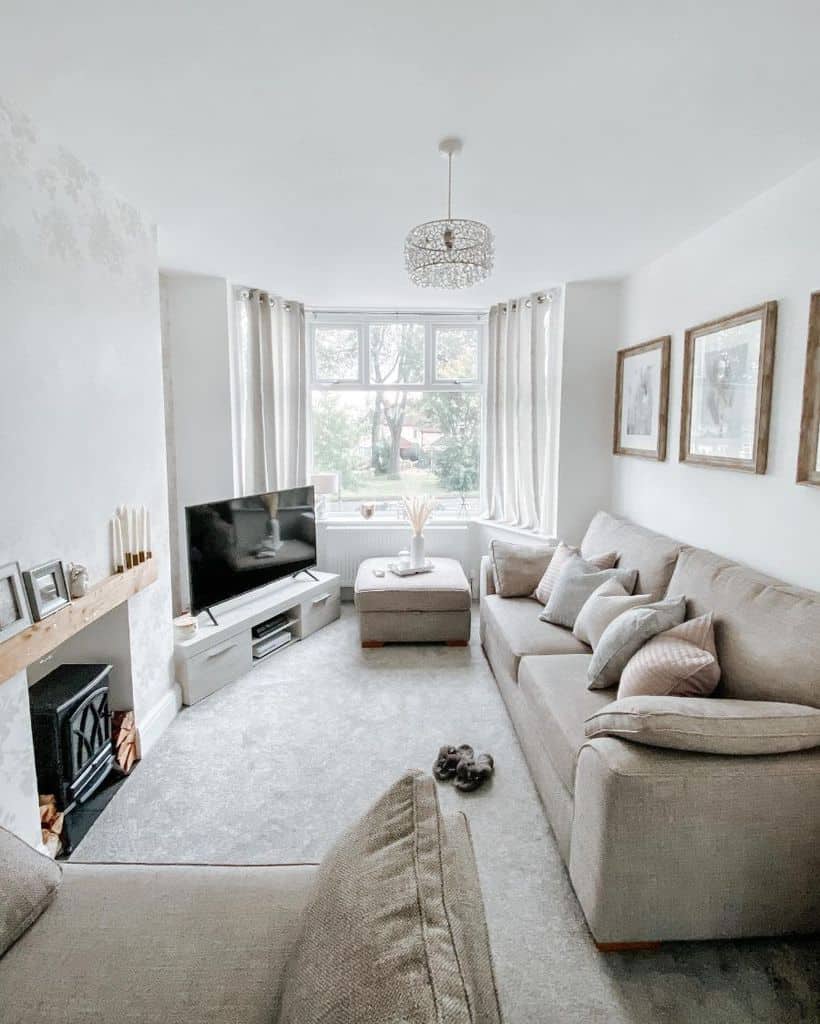 white living room with gray sofa 