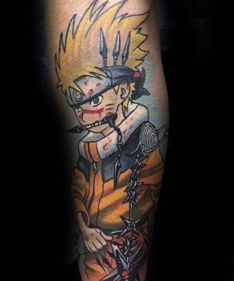 Tattoo of Naruto with spiky hair, headband, orange outfit, and holding a weapon on upper forearm