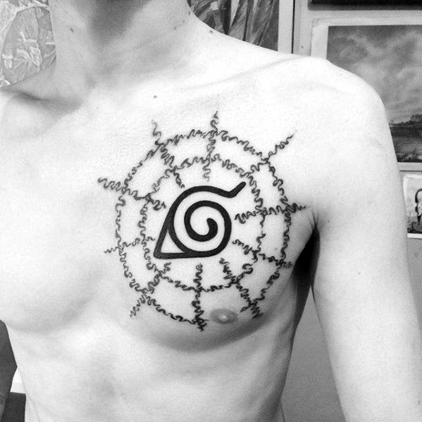 Person with a large chest tattoo featuring a spiral symbol, reminiscent of Naruto's intricate designs