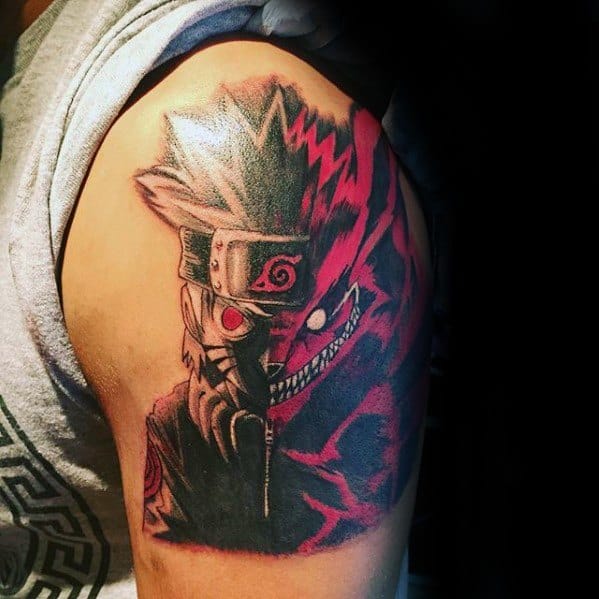 Tattoo of Naruto and a fierce red creature on a person's upper arm