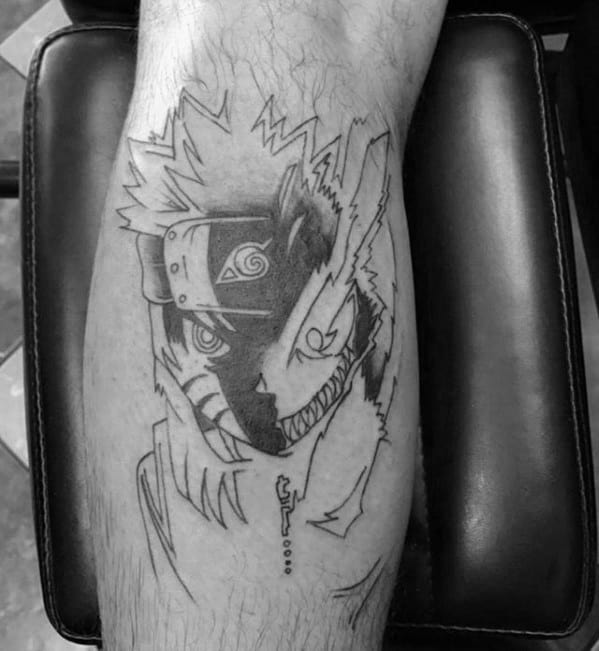 Black and white Naruto tattoo depicting his transformation with the Nine-Tails chakra, blending intensity and artistry