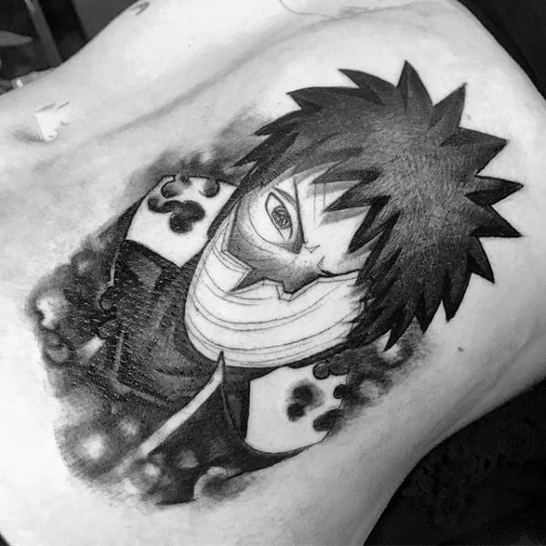 Detailed black and white tattoo of Tobi from Naruto, showcasing his signature mask and ominous aura