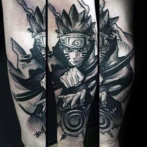 Dynamic black and white tattoo of Naruto wielding a Rasengan, with bold and intense linework