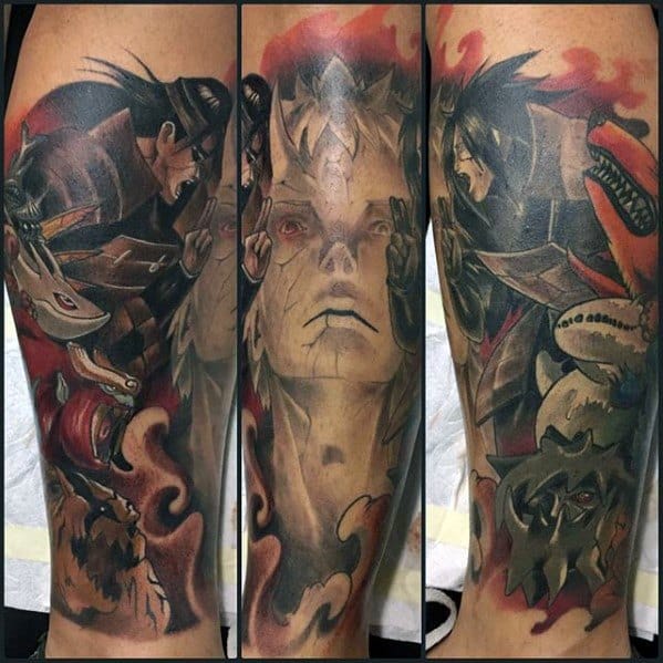 Colorful Naruto tattoo featuring intricate details of Madara Uchiha, the Sage of Six Paths, and the Nine-Tails