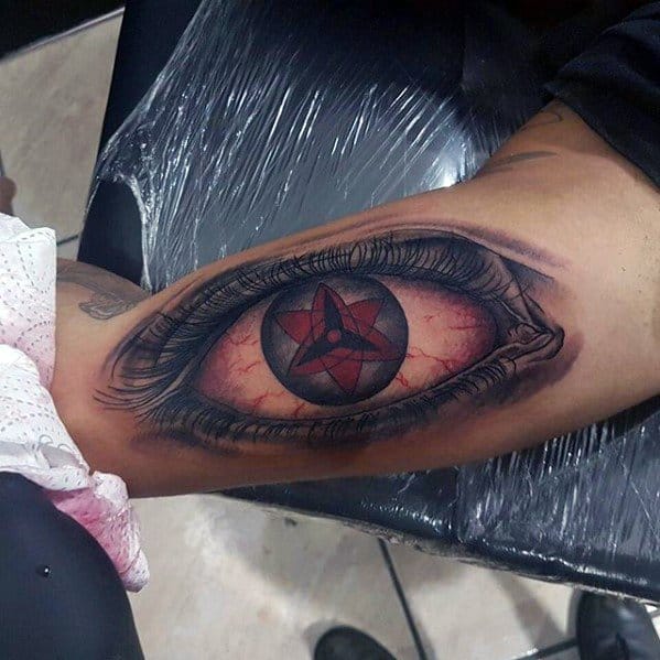 Detailed Sharingan tattoo design showcasing the red and black eye symbol from Naruto