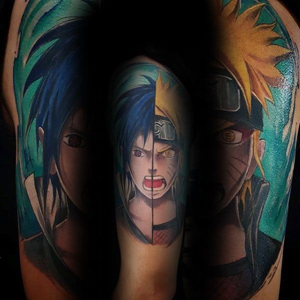 Vibrant tattoo featuring Naruto and Sasuke in an intense face-off, symbolizing their rivalry